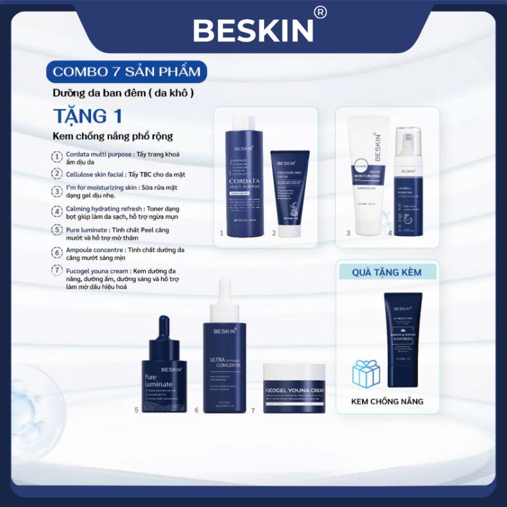 COMBO (7 SP): DƯỠNG DA BAN ĐÊM (Mua Combo Tặng 1 Kem Chống Nắng) - Thương Hiệu Beskin