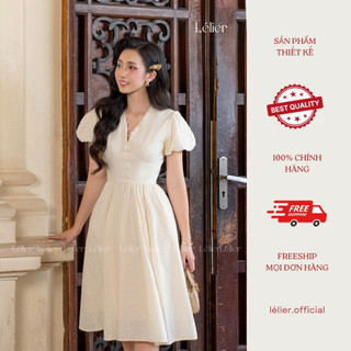 Váy nữ tay bồng thô thêu đính khuy bọc màu be - LÉLIER