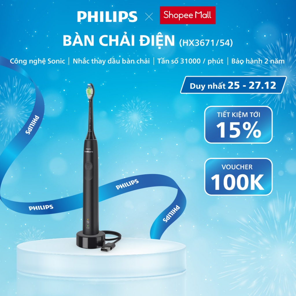  Bàn Chải Điện PHILIPS Sonicare HX3671 54 Công Nghệ Sóng Âm Sonic Chải Sạch Sâu Bảo Hành Chính Hãng 24 Tháng 