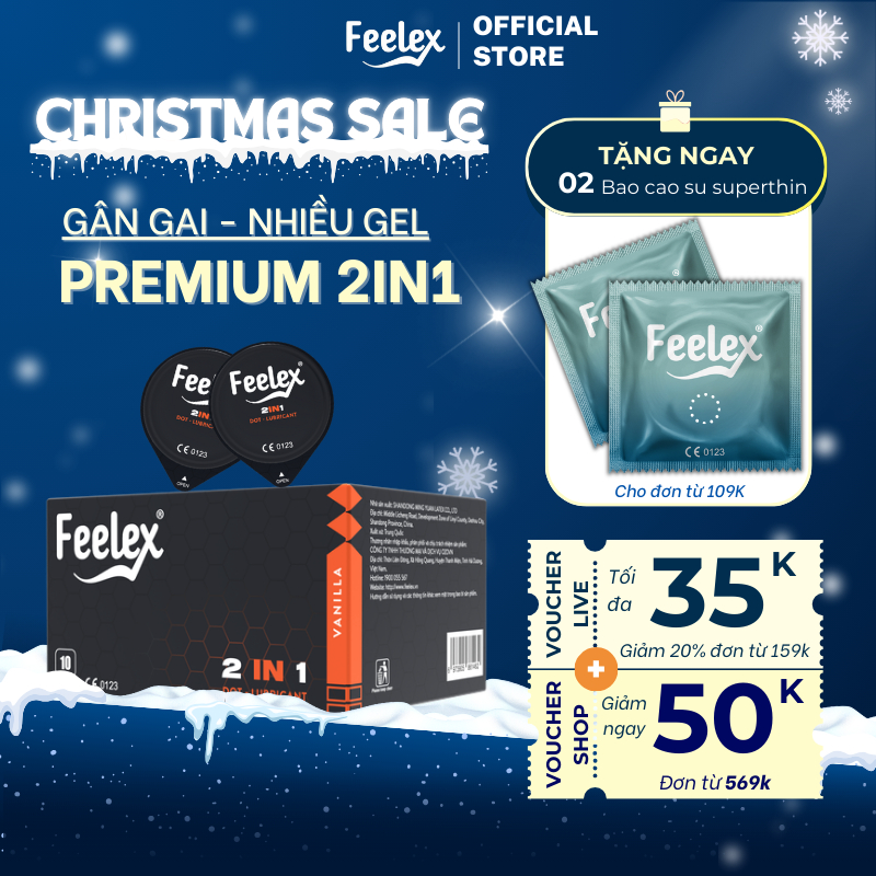Bao cao su Feelex Premium 2 in 1 gân gai, siêu mỏng, kéo dài thời gian, nhiều gel bôi trơn - hộp 10c