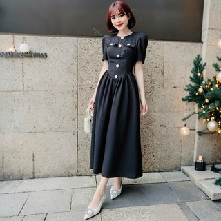 Đầm midi đen cổ tròn nhúng eo form dài, váy công sở (kèm hình thật)