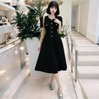 Đầm midi đen cổ tròn nhúng eo form dài, váy công sở (kèm hình thật)
