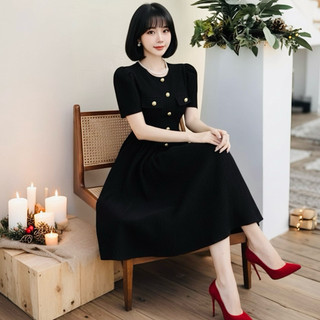 Đầm midi đen cổ tròn nhúng eo form dài, váy công sở (kèm hình thật)
