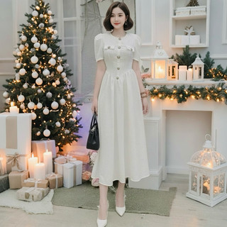 Đầm midi đen cổ tròn nhúng eo form dài, váy công sở (kèm hình thật)