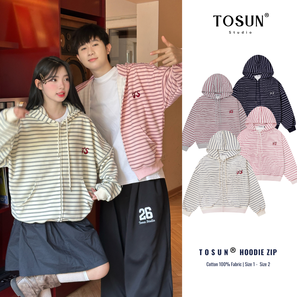 Áo Khoác Kẻ Form Rộng TOSUN, Áo Hoodie Zip Unisex Nam Nữ Thêu Logo Vải Nỉ Không Xù K16