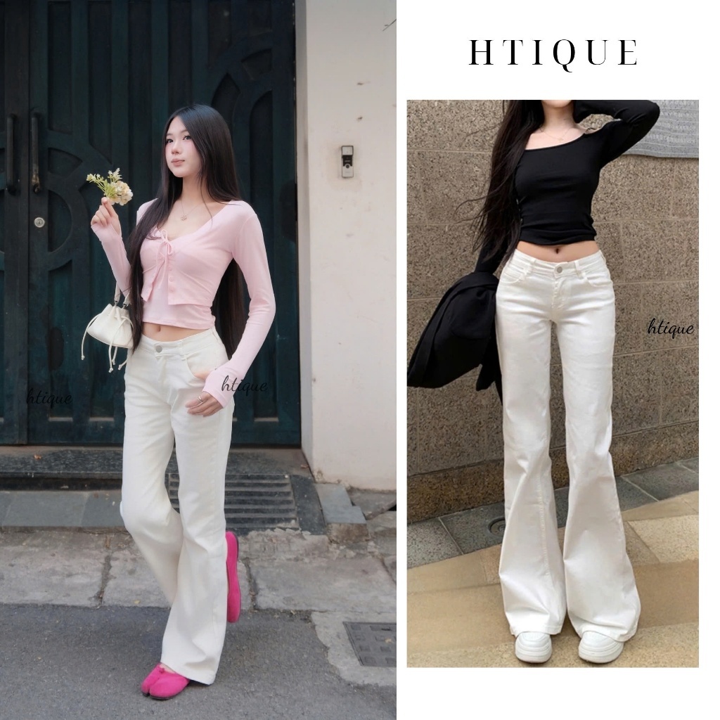 Quần JEAN ống loe cạp thấp cao cấp, Quần jean trắng dễ mix đồ QB02