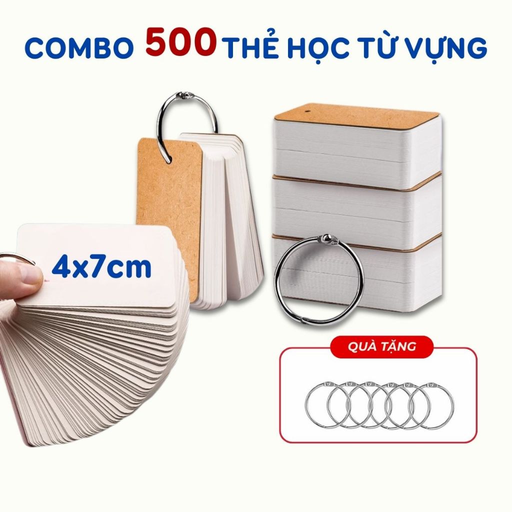 Flashcard thẻ học từ vựng combo 500 thẻ trắng đục lỗ giúp ghi nhớ nhanh học tiếng Anh Trung Hàn Happy Birds