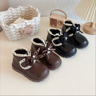 Mới Sz 21-30 Bốt Da Trơn Phối Cổ Ren Khóa Dán Mix Nơ Cho Bé Gái Từ 2 Tuổi K061