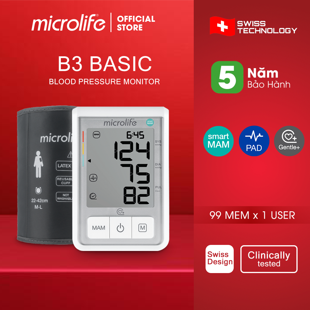 Máy Đo Huyết Áp Bắp Tay Microlife B3 Basic | Công Nghệ SmartMam Thông Minh Tự Động Đo 2 Lần