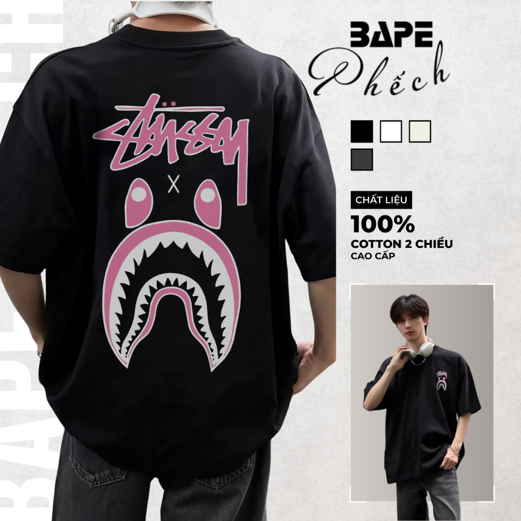 ÁO THUN FORM RỘNG UNISEX STUSSY X BAPE SS24, VẢI COTTON CAO CẤP, MỀM MỊN, CO DÃN TỐT | BAPE PHẾCH