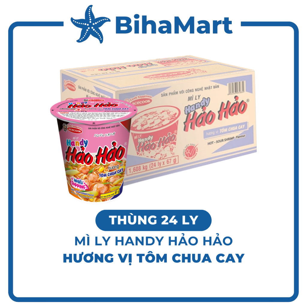 [THÙNG 24 LY] - ACECOOK - Mì ly Handy Hảo Hảo Tôm Chua Cay - Mì Handy Hảo Hảo Tôm Chua Cay (67g/ly) 