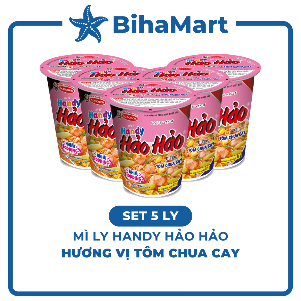 [SET 5 LY] - ACECOOK - Mì ly Handy Hảo Hảo Tôm Chua Cay - Mì Handy Hảo Hảo Tôm Chua Cay (67g/ly) - M