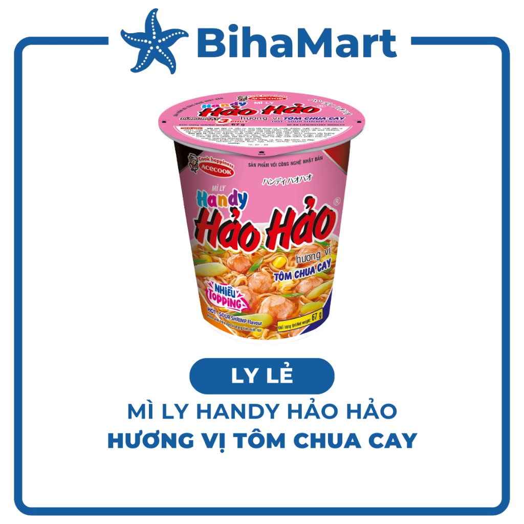 [LY LẺ] - ACECOOK - Mì ly Handy Hảo Hảo Tôm Chua Cay - Mì Handy Hảo Hảo Tôm Chua Cay (67g/ly) - Mì H
