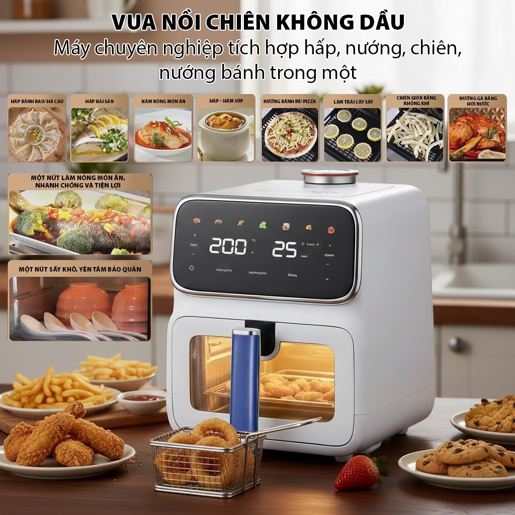 Nồi chiên không dầu QCOOKO, Nồi chiên hơi nước dung tích 6L, 1400W, công nghệ mới STEAM AIR thịt mềm mọng nước, giảm mỡ | BigBuy360 - bigbuy360.vn