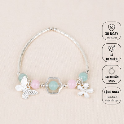 Lắc Tay Bạc Nữ – Đá Màu Tự Nhiên Nhẹ Nhàng, Mix Charm Hoa & Hồ Điệp, Thiết Kế Tinh Tế - LTM01