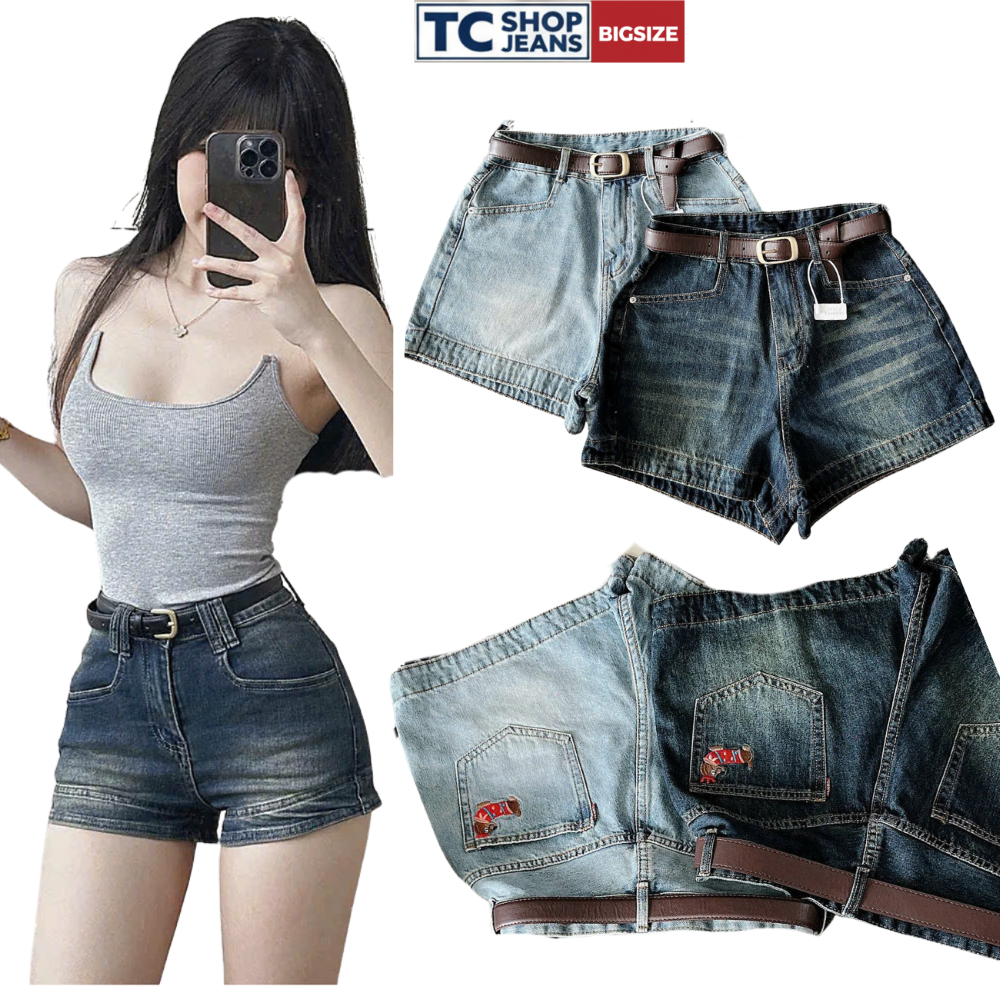 Quần short jean nữ trơn thêu noel TC SHOP JEANS bigsize 55-90kg chất jean mềm phù hợp đi chơi noel M