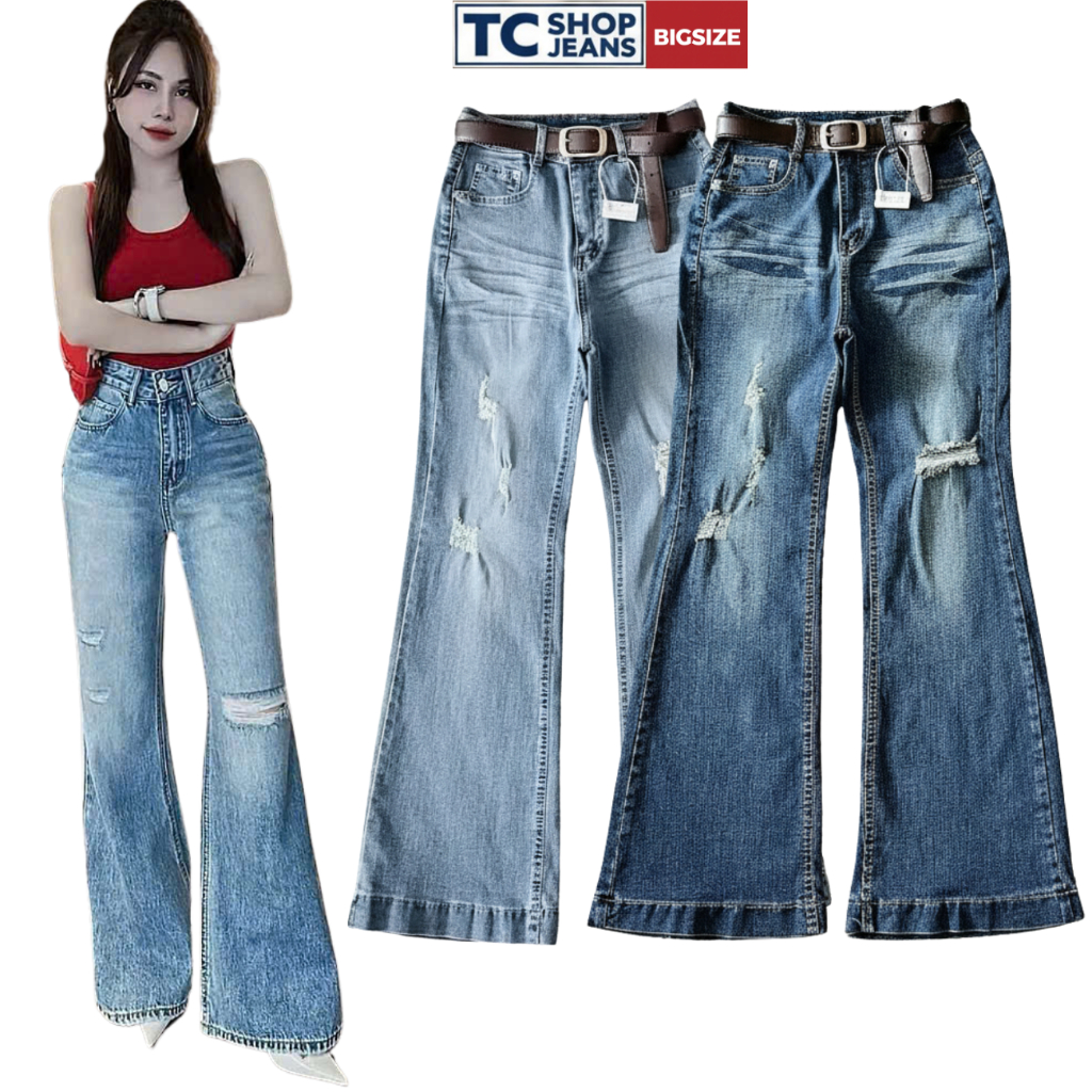 Quần jean loe co giãn rách gối thêu noel TC SHOP JEANS bigsize 55-90kg chất jean có giãn đi chơi noe