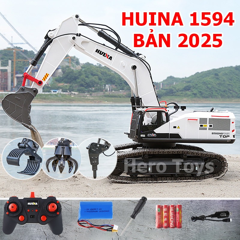 Máy xúc điều khiển từ xa HUINA 1594 phiên bản 2025 có gầu sắt, bánh xích, bộ phụ kiện cao cấp kèm pi