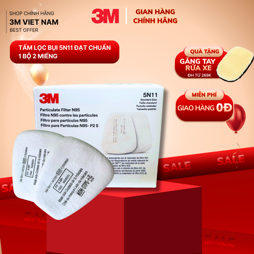 Tấm lọc bụi 3M 5N11 Tiêu chuẩn NIOSH N95, lọc ít nhất 95% - 10 tấm/hộp