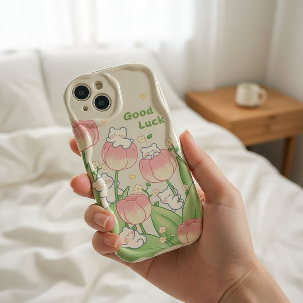 ốp iphone gấu bông hoa tulip hồng xanh may mắn xịn 12 pro max 15 pro max xsmax 14 pro max Ốp_sk1619