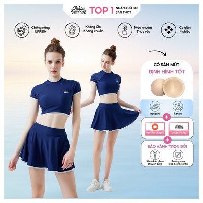Đồ bơi NỮ BIKINI PASSPORT Hai mảnh LC dạng váy, áo tay ngắn có logo - màu Xanh - BS1012_NV