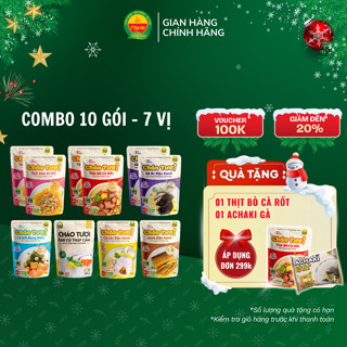  Combo 10 Gói Cháo Tươi Cây Thị: 2 Gà Ác Đậu Xanh 2 Thịt Bò 2 Thịt Heo 1 Cá Hồi 1 Cá Lóc 1 Lươn Đậu Xanh 1 Rau Củ 