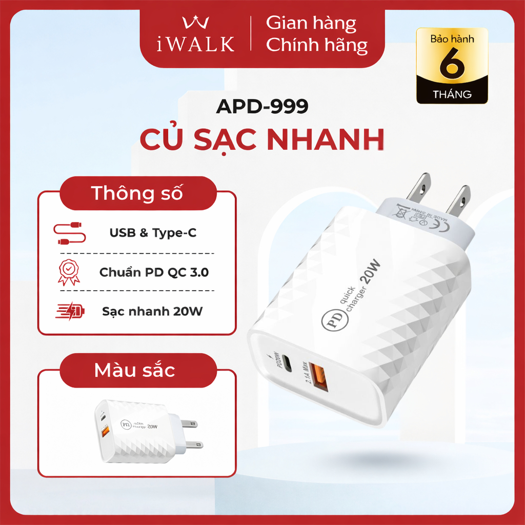 Củ Sạc Nhanh APD-999 20W – Chui Dẹp, 2 Cổng USB & Type-C, Chuẩn PD QC 3.0, Dùng Cho I.P, S.S – JNDVI