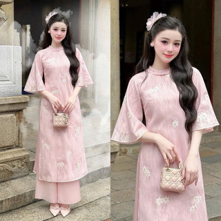 [SẴN -HỎA TỐC][IVY] Áo dài cách tân Khánh Vân hồng 4 tà phối ren, hoa cúc chi thêu-tiểu thư, sang chảnh