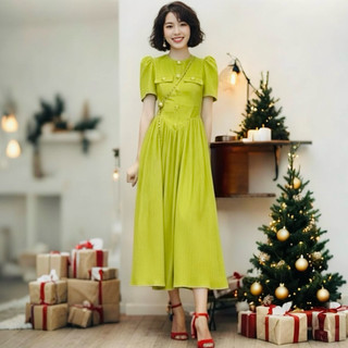 Đầm midi đen cổ tròn nhúng eo form dài, váy công sở (kèm hình thật)