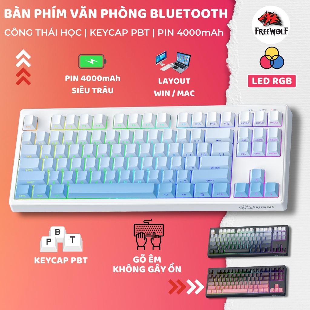Bàn Phím Không Dây FreeWolf M87 V2 - 3 Chế Độ Kết Nối, Pin 4000mAh, LED RGB, Keycap PBT Siêu Bền