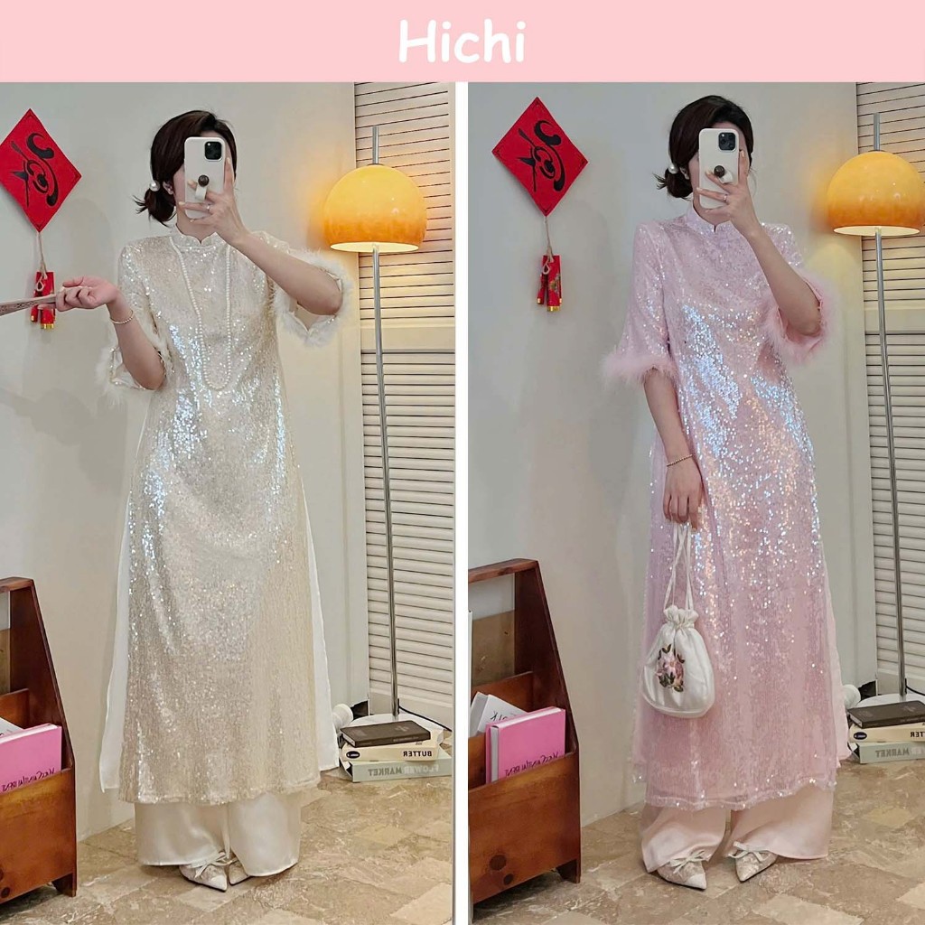 Áo dài nữ tay lông đính kim xa chất liệu vải tơ - H008