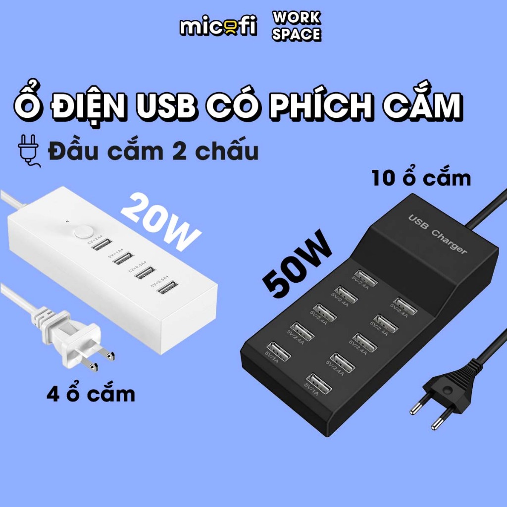 Ổ Cắm Usb Micofi Ổ Điện Củ Sạc Usb Thông Minh Mini 20w Nhiều Cổng 5v Sạc Điện Thoại 50w 2 Chấu 10 Cổ