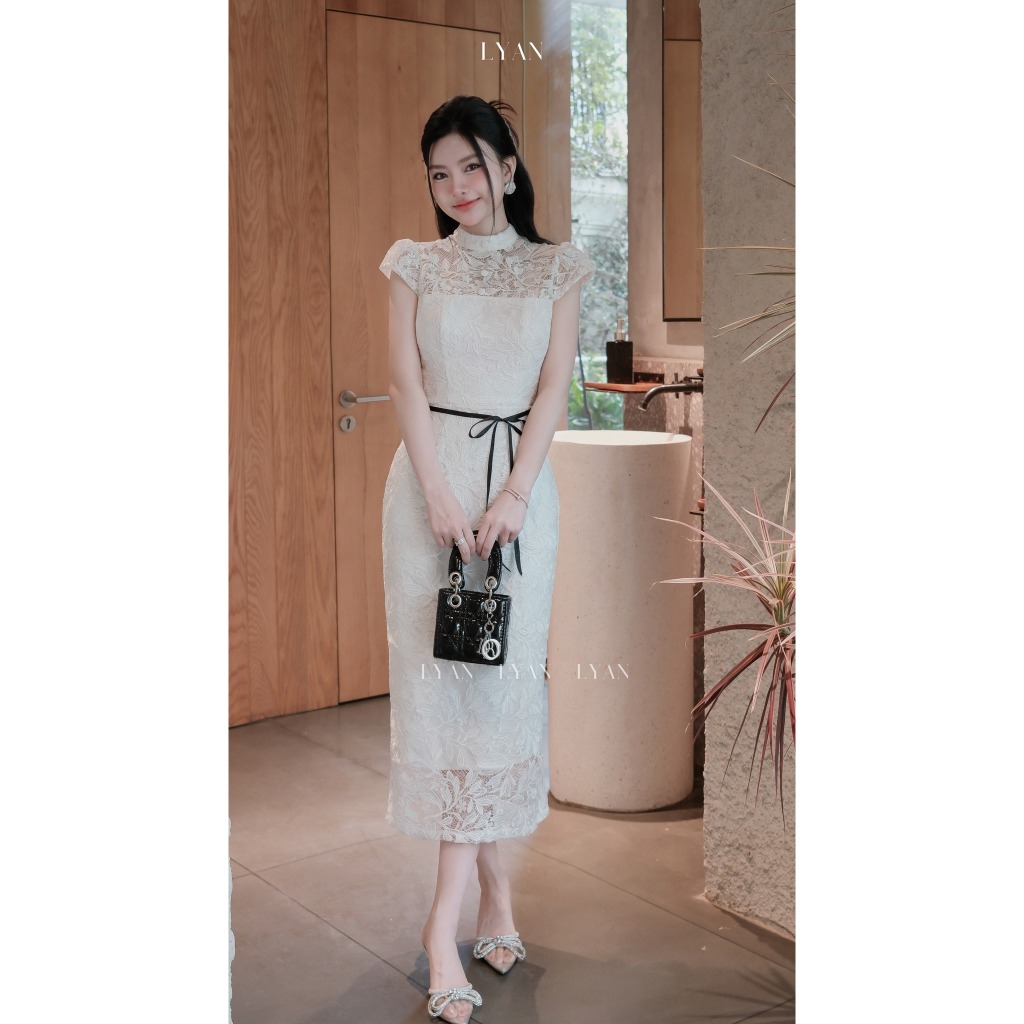 LYAN Đầm ren trắng dáng dài dự tiệc