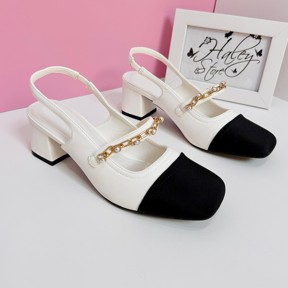 Giày búp bê marry xích ngọc HALEY STORE gót 5cm quai ngang đính xích đá mũi tròn đen tiểu thư công c