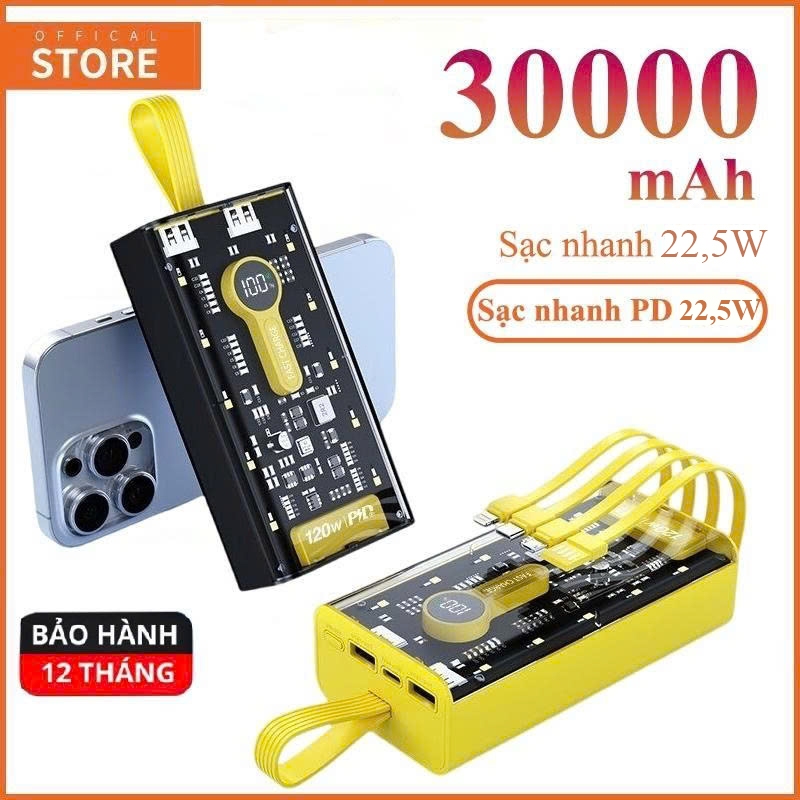 Sạc Dự Phòng 22,5W 30000mAh Trong Suốt Tích Hợp 4 Cổng Sạc Tiện Lợi Sạc Siêu Nhanh Có Đèn LED