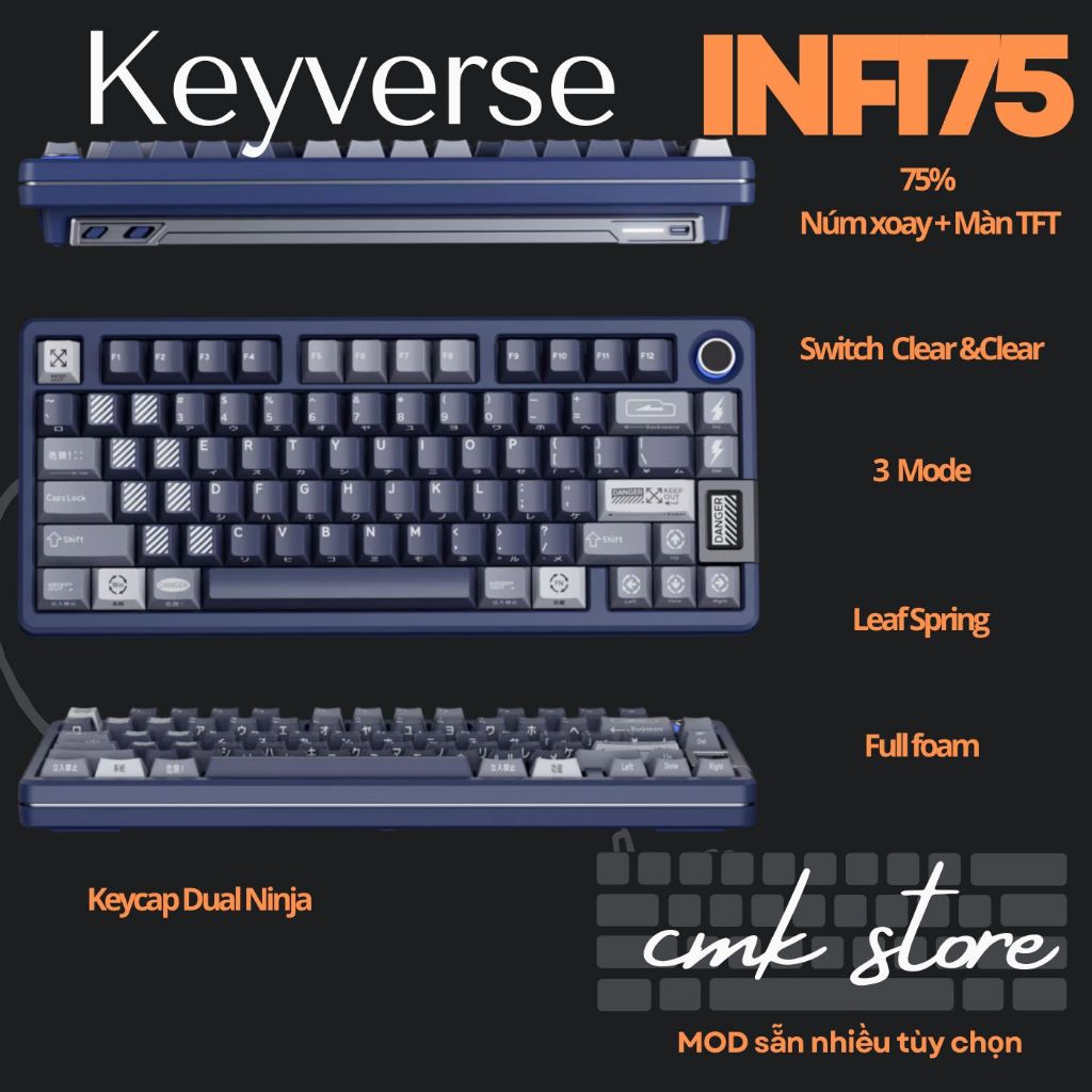 Bàn Phím Cơ 75% - Keyverse Infi75 - Núm xoay - Màn TFT - Full Foam - Build Nhựa Đầm Hơn Cả Nhôm - Tạ