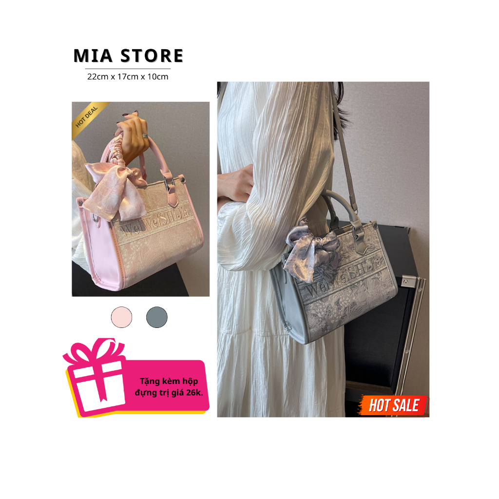 [XẢ 199K + HỘP ] Túi xách tay nữ túi đeo chéo chất da gấm thêu đi chơi đi làm size 22 kèm khăn thanh lịch cao cấp MIA 28