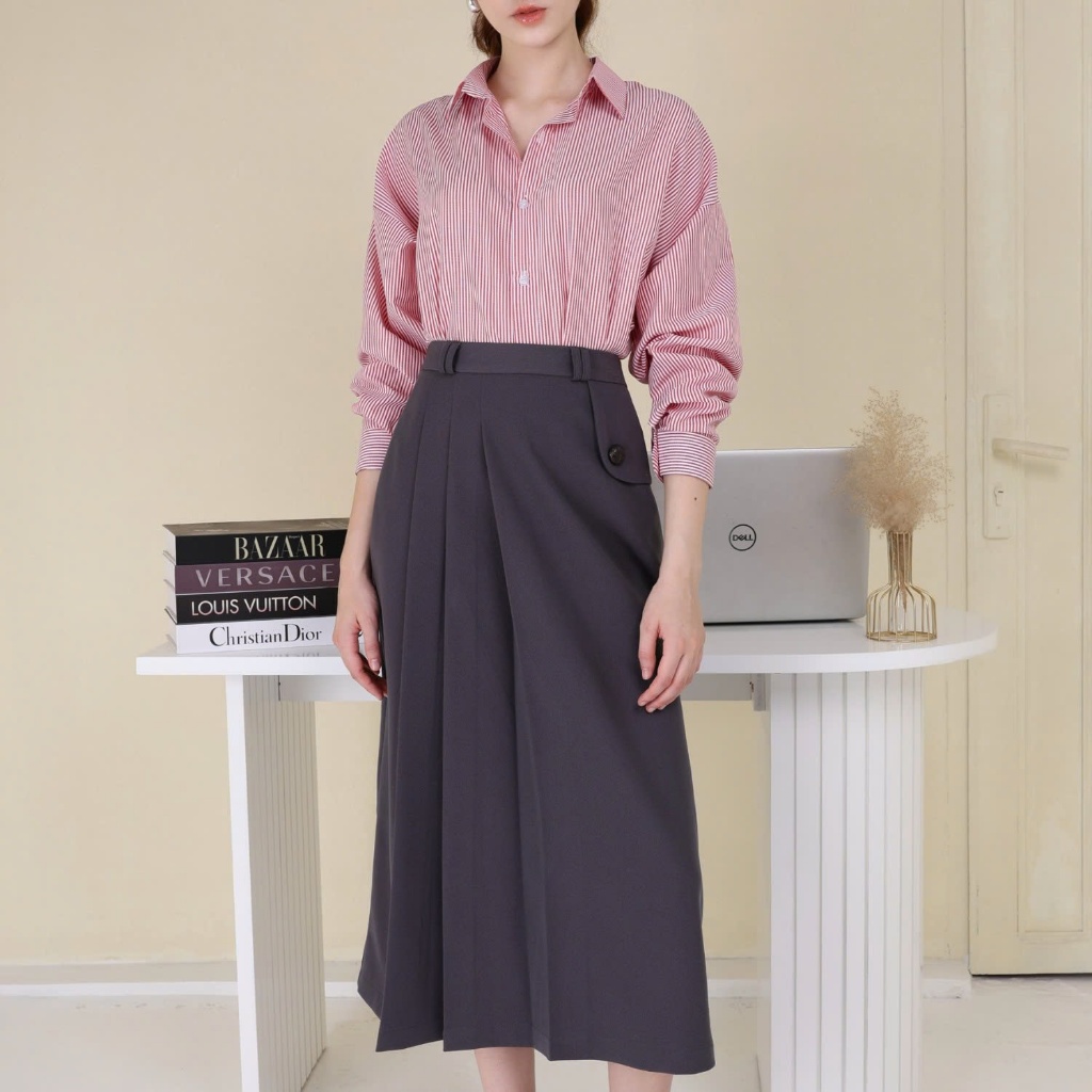 MGRACE – OLLY SET Áo Sơ Mi Công Sở Nữ + Chân Váy Midi Xếp Ly, Dáng Dài Tôn Dáng – Chất Kate Cao Cấp