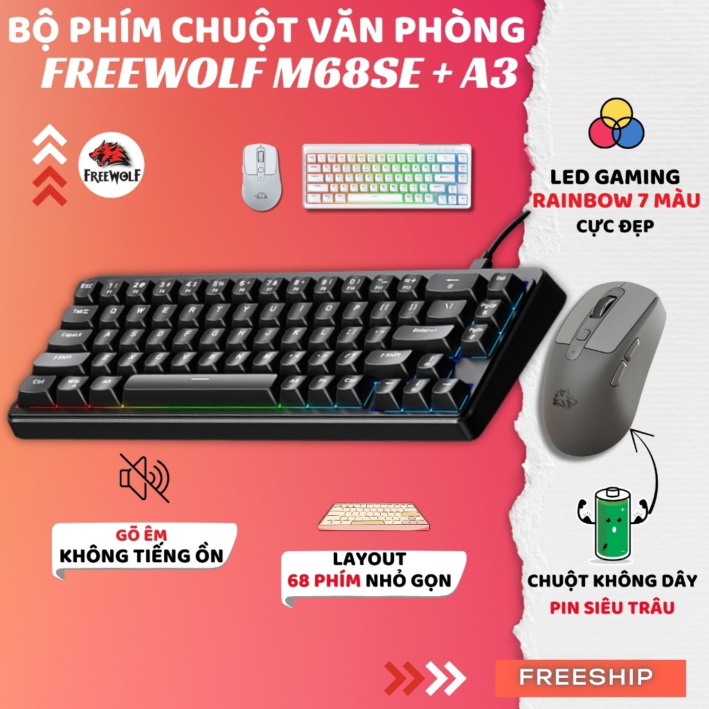 Bộ Bàn Phím Và Chuột Slient FreeWolf M68SE + A3 - LED RGB, Gõ Êm, Thiết Kế Ergonomic, Keycap ABS
