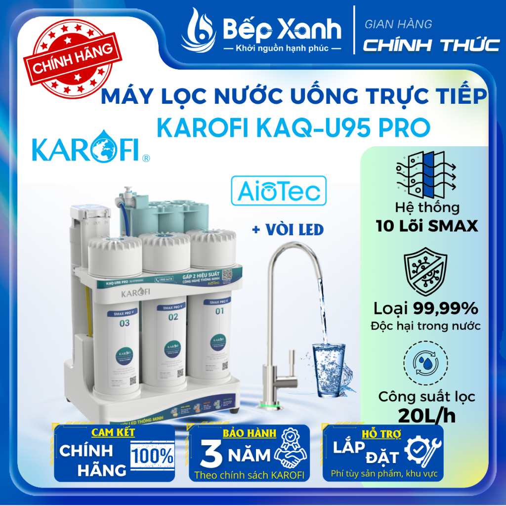 [FREESHIP HCM] Máy lọc nước RO Karofi KAQ-U95 Pro / KAQ-U95  10 lõi - Nước sau lọc đạt chuẩn nước ti