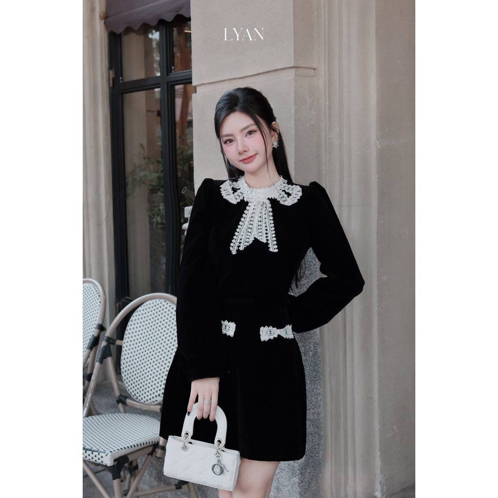 LYAN Set nhung phối ren phong cách tiểu thư thanh lịch