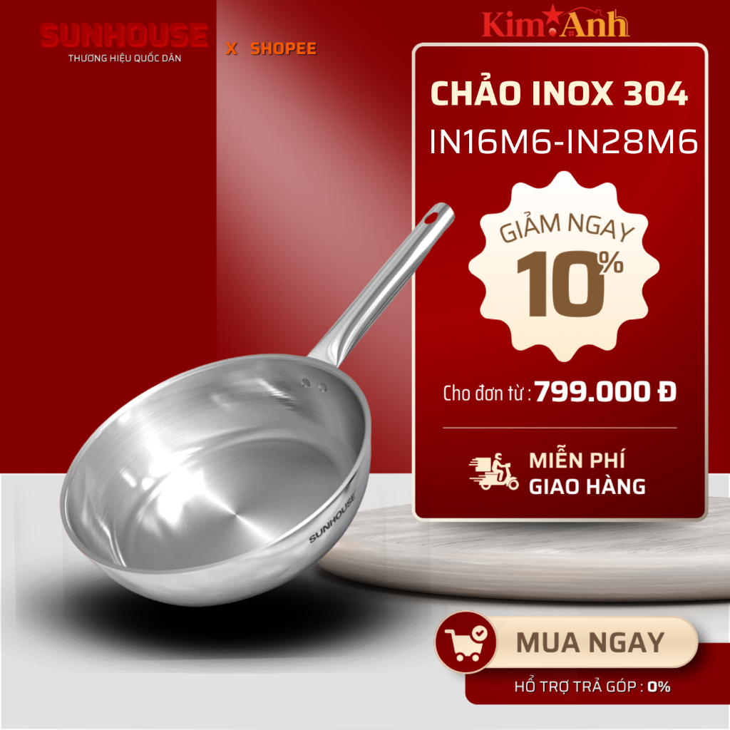CHẢO INOX 304, INOX ĐA LỚP SUNHOUSE IN16M6 - IN28M6 - Dùng với mọi loại bếp