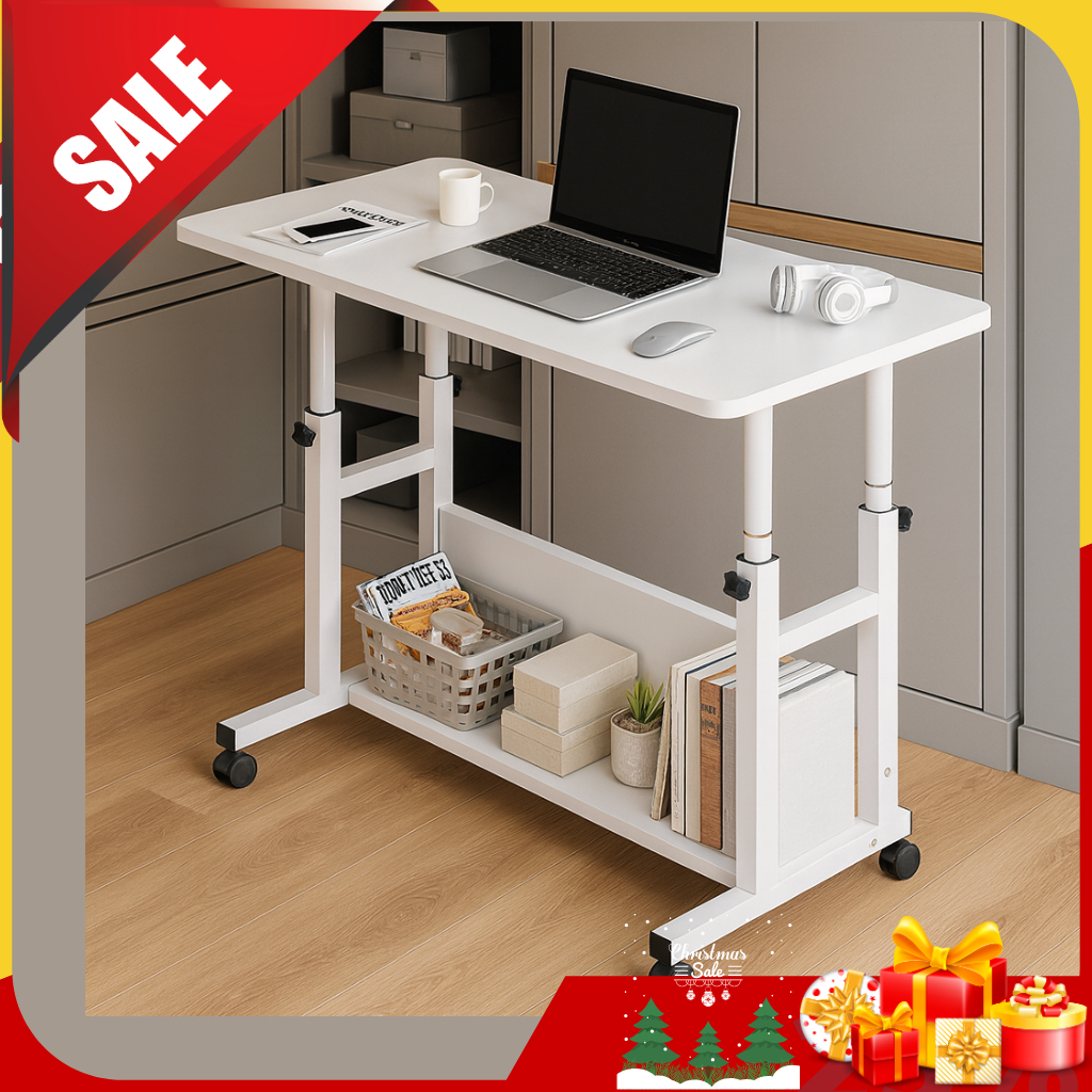 Bàn Nâng Hạ Chiều Cao 60–80cm, Bàn Học Bàn Laptop Có Bánh Xe, Khung Sắt 25x25, Mặt MDF 40x80