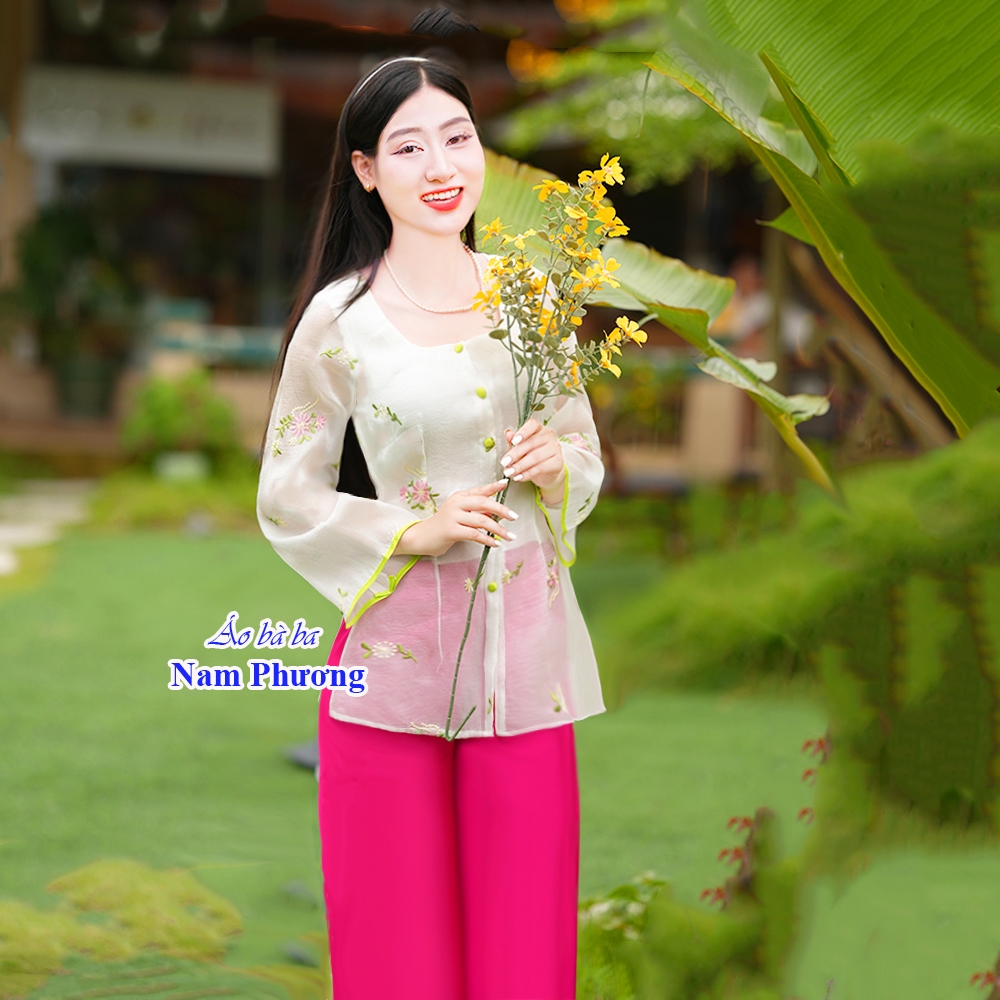 Áo bà ba nữ vải tơ gân 2 lớp màu trắng, cổ vuông, cách tân Nam Phương - Mã SP: THG05