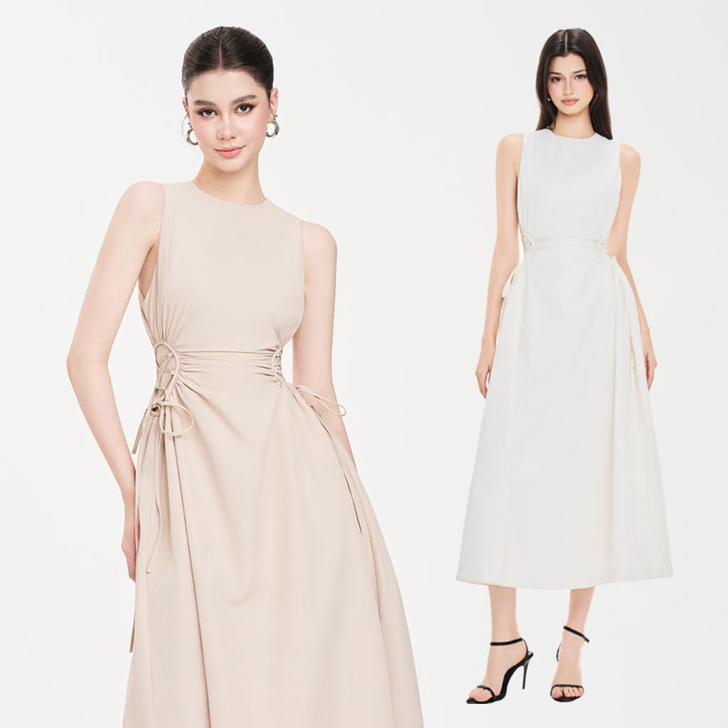 RECHIC Đầm dài Louvre chiết eo dây rút cổ tròn sát nách thanh lịch sành điệu