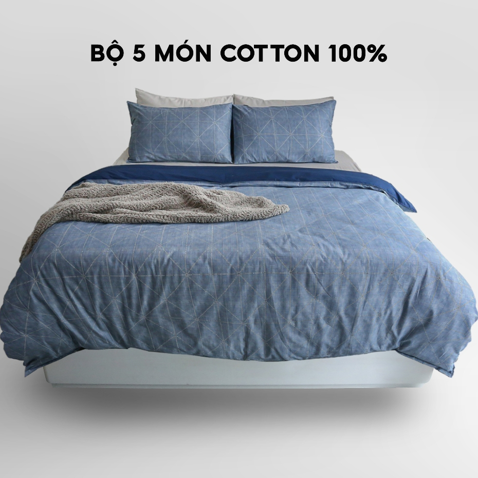 Bộ ga giường 5 món Cotton cao cấp YOUNGRICE bộ vỏ chăn Drap Ga Ra Gối Nệm Đệm Trải Giường kích thước