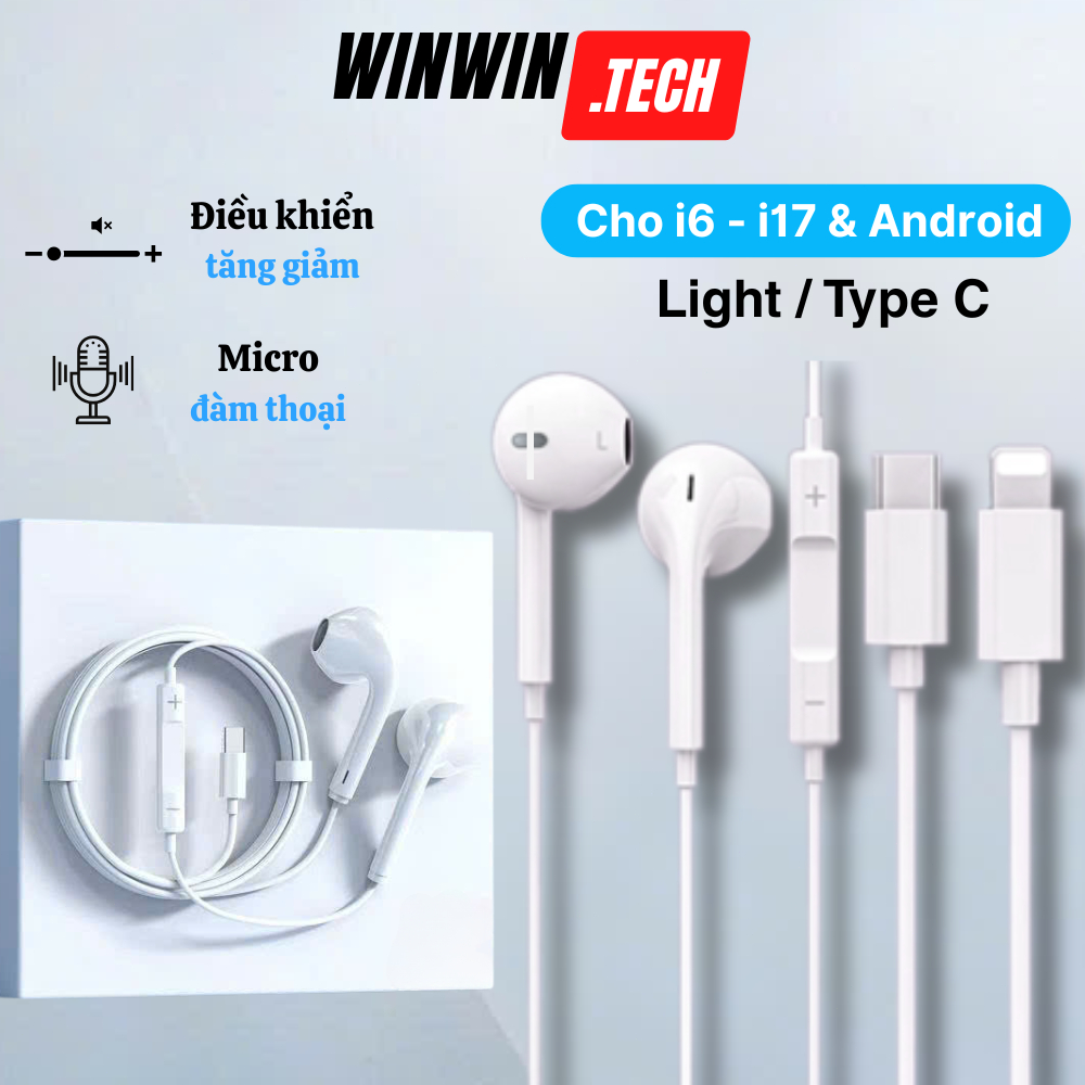 Tai Nghe Có Dây Light/Type C - Âm thanh HiFi - Có Mic Đàm thoại - Hỗ trợ tăng giảm âm lượng - Dành cho lP6 -lP17/Android