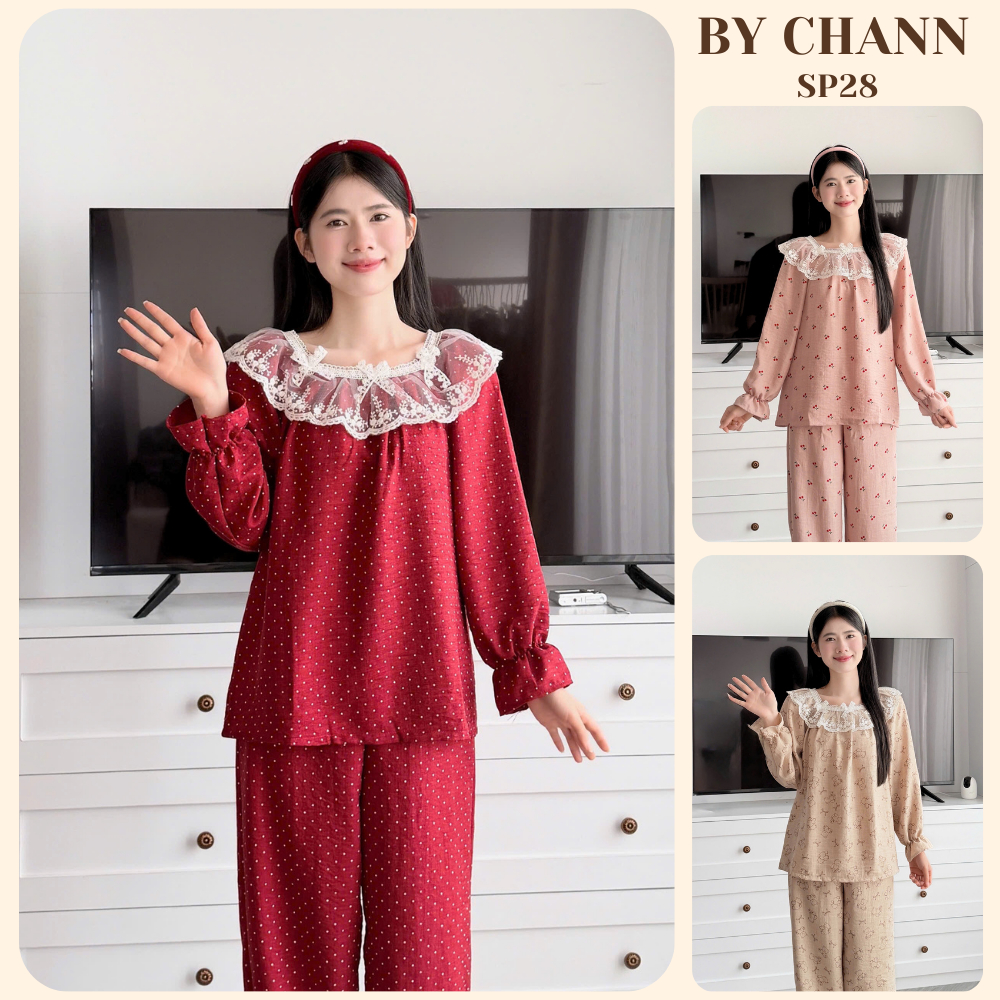 [DEAL XẢ KHO] Bộ Đồ Ngủ BY CHANN (SP28) set bộ phối cổ ren, áo dài quần dài, chất liệu đũi vân mây