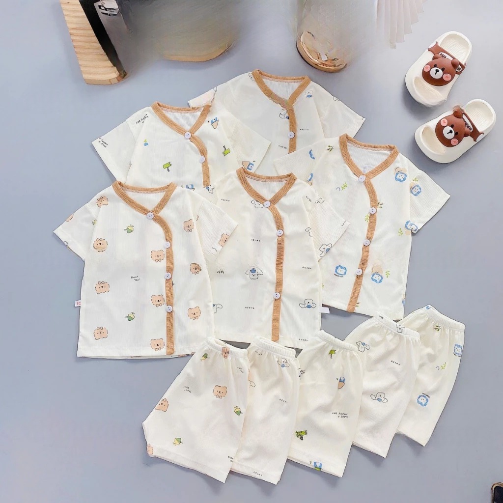 [Peinn] [Bộ cộc tăm] Combo 3/5 bộ quần áo cộc tay chất tăm lạnh, bảng màu kem cho bé sơ sinh 3-9kg