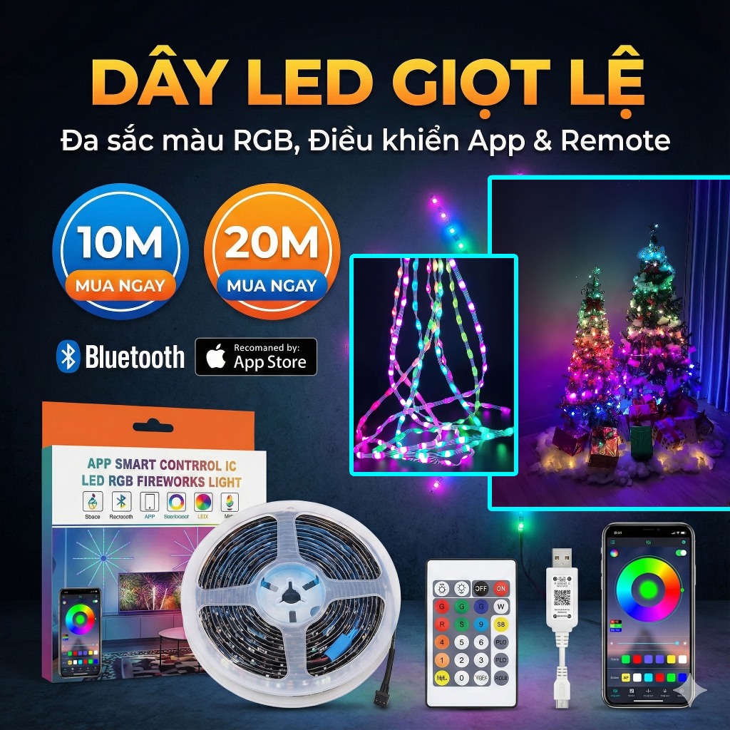 Dây Đèn LED Giọt Lệ ARGB 10M/20M - Nháy Theo Nhạc, 16 Triệu Màu, App + Remote (Cổng USB)